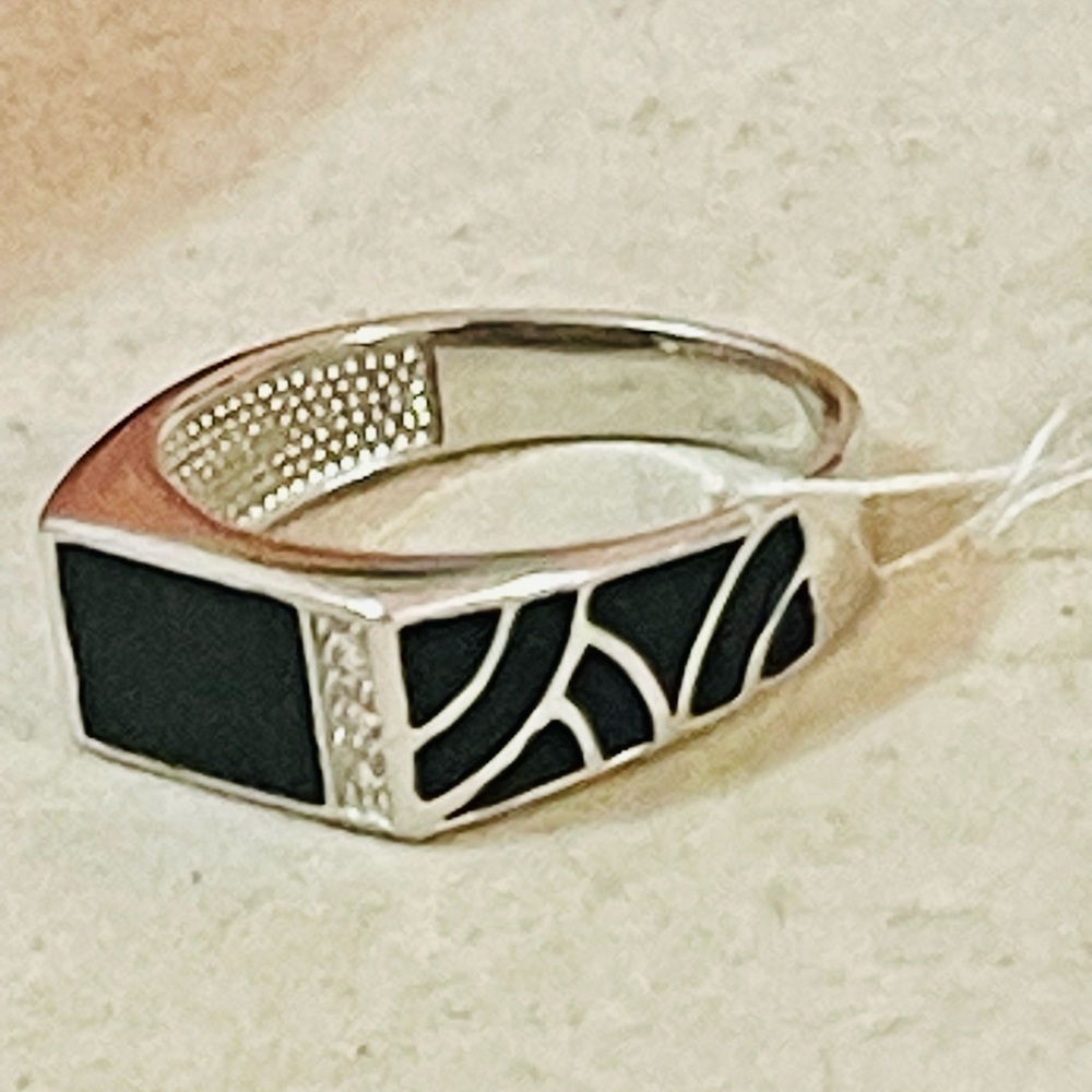 NWT St SILVER 925 MENS Ring Cubic Zirconia Black Enamel Size 10-10.25